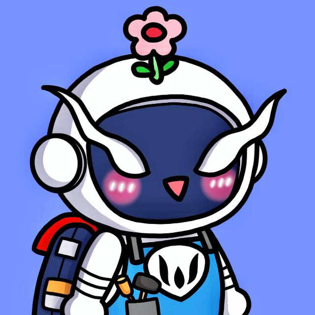 Beere's avatar — a round astronaut mascot with a dark visor, pink cheeks, a flower on its helmet, and blue overalls